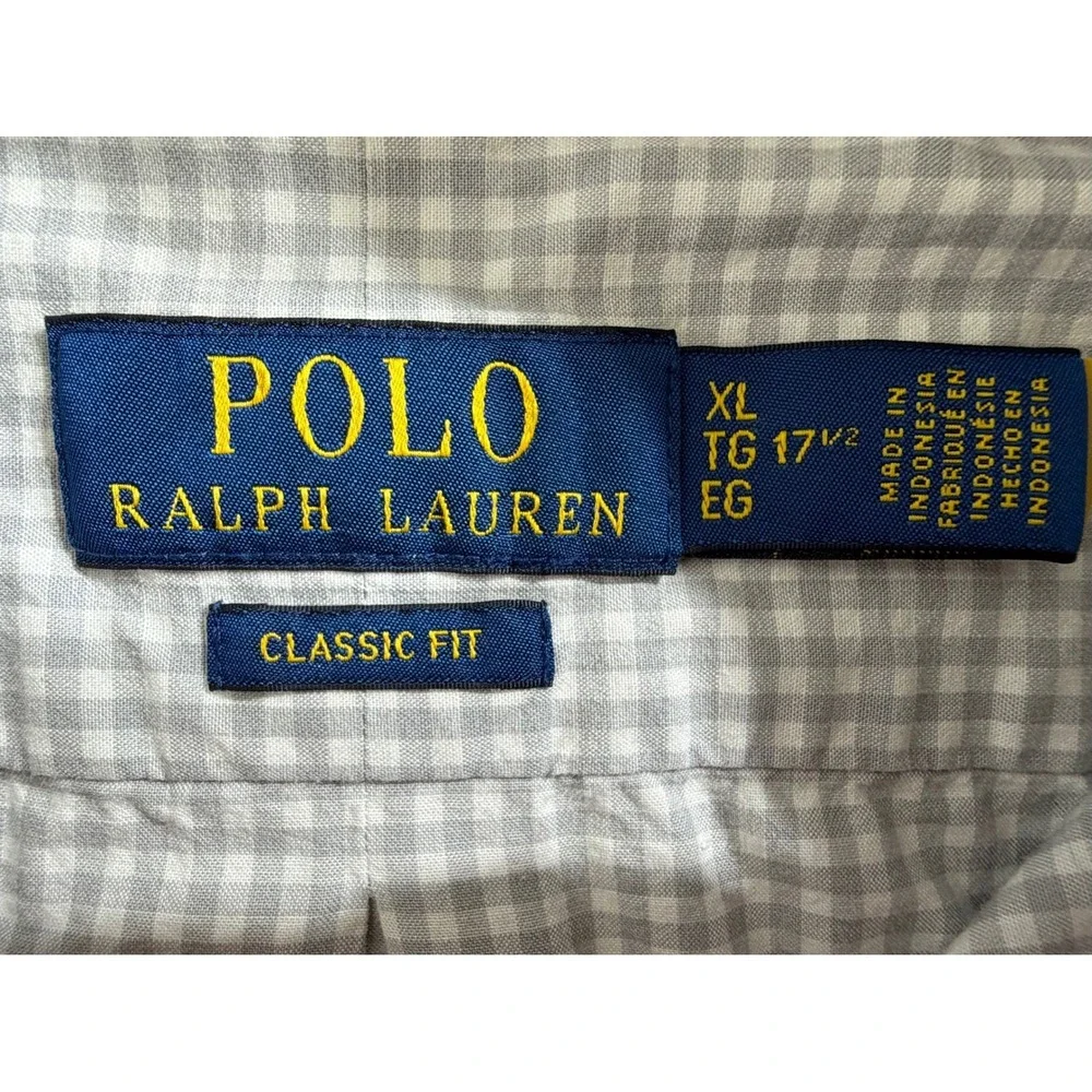 Polo Ralph Lauren Button Down Size XL Grey Gingham Classic Fit Cotton Blend READ